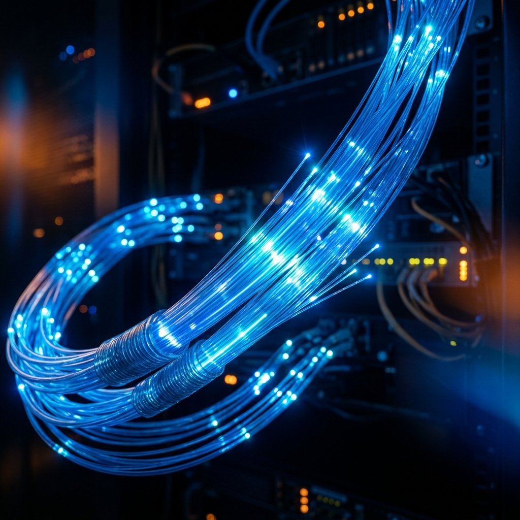 Fiber optic cables glowing with blue light
